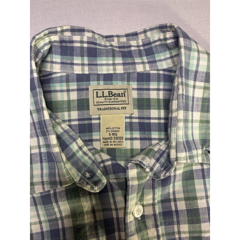 L.L.Bean Shirt Mens Small Green Blue Plaid Traditional Fit Button Down Cotton